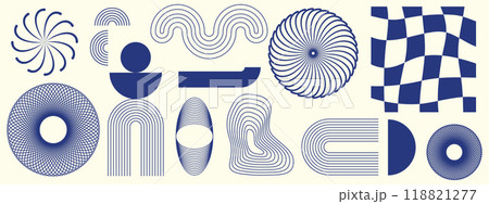 Hand drawn blue abstract minimal element mid century vector set. Aesthetic contemporary stripe line art, geometric shape in monochrome Hand drawn blue abstract minimal element mid century vector set. Aesthetic contemporary stripe line art, geometric shape in monochrome 118821277