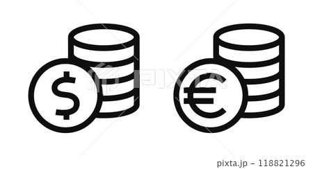 Money outline icons. Dollar and euro coins icons.Vector illustration 118821296