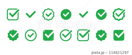 Checkmark icon. Green checkmark icon set. Vector illustration 118821297
