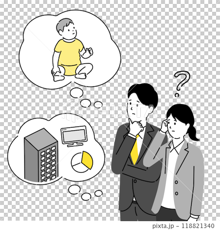 育児 仕事 両立イメージのイラスト、悩む若い夫婦 118821340