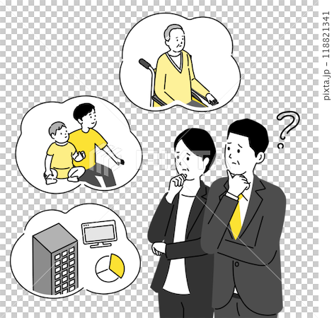 Illustration of a couple struggling to balance childcare, nursing care, and work Illustration of a couple struggling to balance childcare, nursing care, and work 118821341