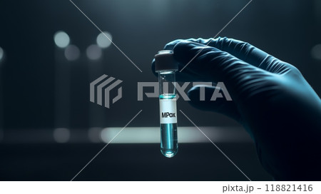 Gloved hand holds a small test tube labeled 'MPOX' in a lab, symbolizing virus testing and monkeypox outbreak research. 118821416