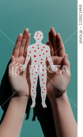 Hands cupping a paper figure covered with red spots, representing the monkeypox virus. Focus on virus transmission and public health 118821469