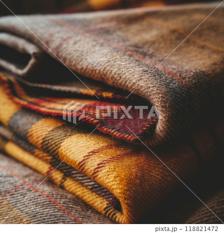 Wool plaid blanket folded on a rustic wood surface cozy and warm fall setting 118821472