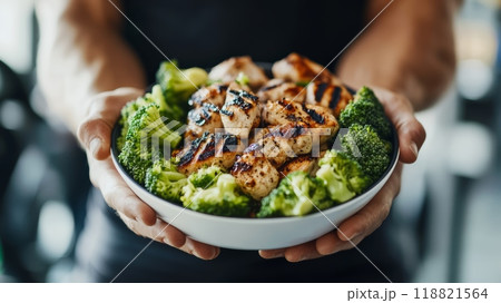 Bowl of grilled chicken and broccoli, a protein-packed meal for keto and fitness diets. Nutrient-rich and weight loss-friendly 118821564