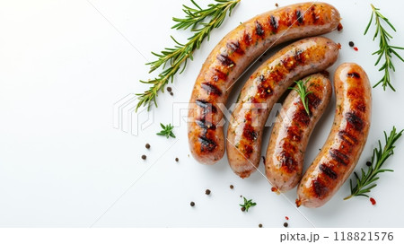 Grilled sausages with chili pepper and peppercorns on a white background, garnished with herbs. Ideal for illustrating keto and carnivore diet concepts. 118821576