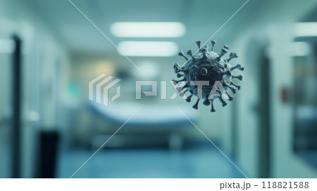 Detailed 3D rendering of monkeypox virus floating in a healthcare facility. Symbol of viral outbreak and healthcare efforts. 118821588