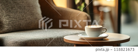 Cappuccino with latte art on a wooden table in a cozy living room. Great for keto coffee breaks 118821673