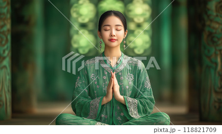 Calm woman in green meditating in peaceful setting 118821709