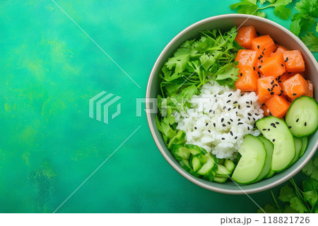 Fresh poke bowl with salmon, cucumber, and cilantro Fresh poke bowl with salmon, cucumber, and cilantro 118821726