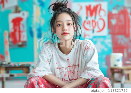 Young artist in a vibrant studio surrounded by colorful paint splashes and creative expression 118821732