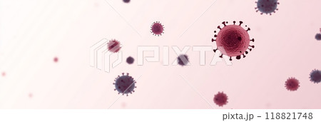 Microscopic close-up of virus particles floating in the air against a light background. Depiction of viral spread and infection awareness Microscopic close-up of virus particles floating in the air against a light background. Depiction of viral spread and infection awareness 118821748