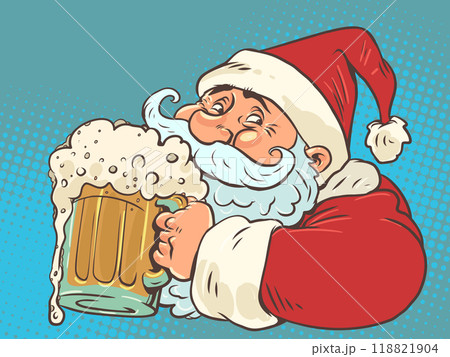 Santa Claus holding a glass of foamy ale. Coming New Year in bars and restaurants. Delivery of delicious for Christmas and holidays. 118821904