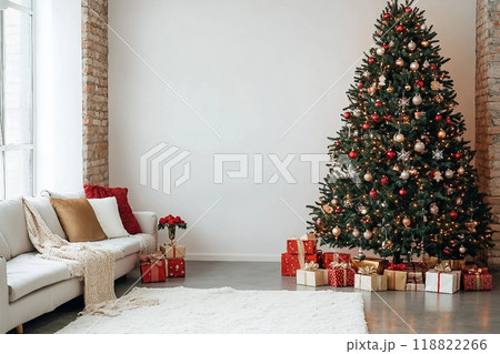 New Year's Eve Christmas tree interior with holiday decor gifts 118822266