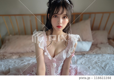 白いレースとピンクのメイド風コスプレ衣装 118822288