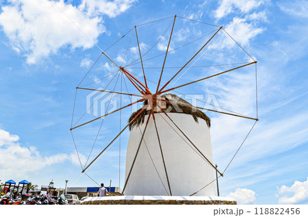 Windmills on the island of Mykonos, in the Cyclades archipelago, Aegean sea, Greece 118822456