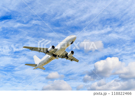 Passenger plane landing at the airport, under a blue sky with white clouds Passenger plane landing at the airport, under a blue sky with white clouds 118822466