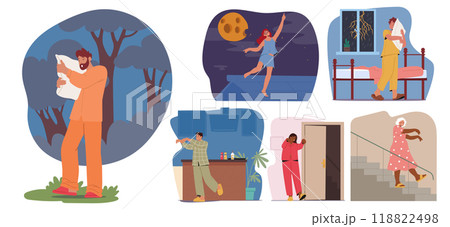Various Male or Female Character Sleepwalking in Different Situations and Environments Depicting Somnambulism Activities 118822498