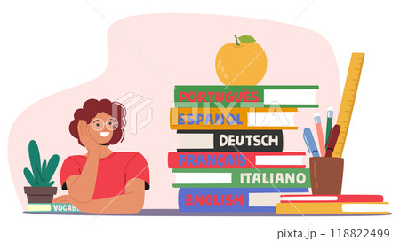 Language School Scene Featuring Smiling Student And Stack Of Colorful Language Books, Including English, Spanish, French 118822499