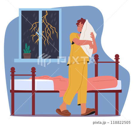 Sleepwalker Wanders In A Bedroom Holding A Pillow While A Thunderstorm Rages Outside The Window. Concept Of Sleepwalking Sleepwalker Wanders In A Bedroom Holding A Pillow While A Thunderstorm Rages Outside The Window. Concept Of Sleepwalking 118822505