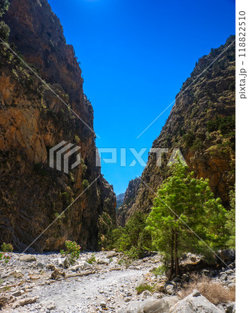 川の水が干上がった真夏の峡谷 (ギリシャ、クレタ島、サマリア峡谷) 118822510