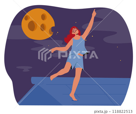 Cartoon Woman Is Sleepwalking On A Rooftop Under The Glow Of A Full Moon. Her Eyes Are Closed, Vector Illustration 118822513