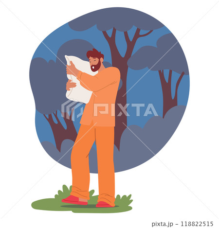 Cartoon Man Character Wears Pajamas Sleepwalking While Holding A Pillow In A Forest Environment Cartoon Man Character Wears Pajamas Sleepwalking While Holding A Pillow In A Forest Environment 118822515