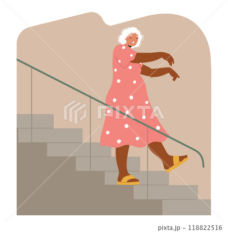 Senior Woman Sleepwalking Downstairs Wearing A Pink Polka Dot Nightgown. Cartoon Vector Illustration 118822516