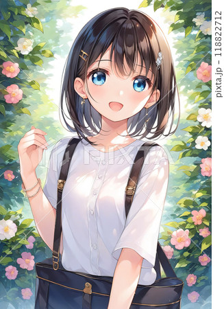 花を背景に笑顔が可愛い少女が立っているイラスト 118822712