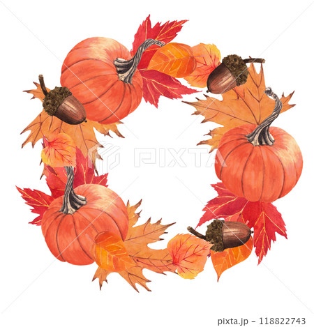 Watercolor hand-drawing round frame of pumpkin, leaves and acorns. Pumpkin, leaves, acorns, fall, thanksgiving day, holiday Watercolor hand-drawing round frame of pumpkin, leaves and acorns. Pumpkin, leaves, acorns, fall, thanksgiving day, holiday 118822743