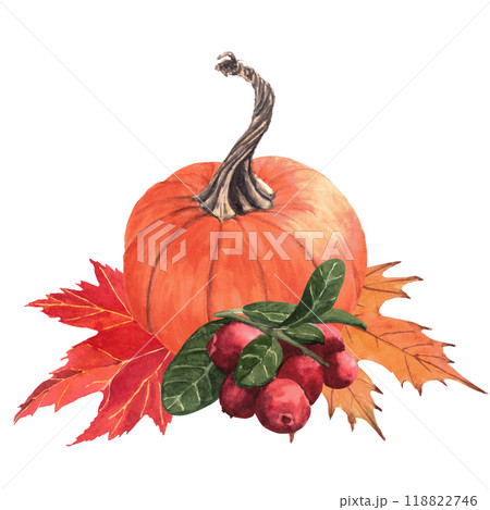 Composition of pumpkin, leaves and cranberries. Pumpkin, leaves, cranberries, fall, thanksgiving day, holiday Composition of pumpkin, leaves and cranberries. Pumpkin, leaves, cranberries, fall, thanksgiving day, holiday 118822746
