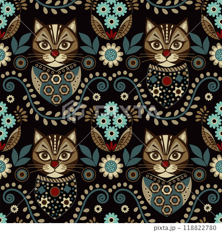 funny bright cats in an ornament on a dark background. seamless pattern funny bright cats in an ornament on a dark background. seamless pattern 118822780
