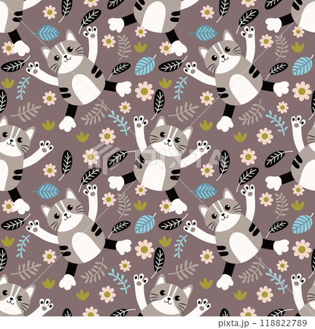 cheerful striped cat on a background of flowers. seamless pattern 118822789