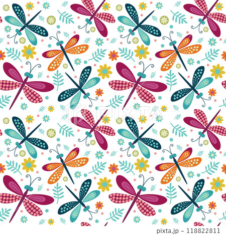 bright dragonflies on a background of flowers. seamless pattern. bright dragonflies on a background of flowers. seamless pattern. 118822811