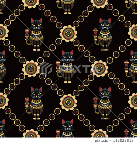 funny bright cats in an ornament on a dark background. seamless pattern funny bright cats in an ornament on a dark background. seamless pattern 118822818
