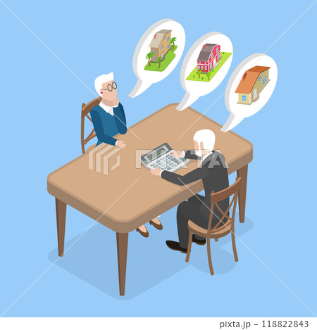 3D Isometric Flat Vector Illustration of Mortgage For Seniors, Senior Couple Contemplating Housing Choices with Calculator 3D Isometric Flat Vector Illustration of Mortgage For Seniors, Senior Couple Contemplating Housing Choices with Calculator 118822843