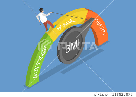 3D Isometric Flat Vector Illustration of Body Mass Index Calculator, Overweight Man Lowers Indicator Arrow 3D Isometric Flat Vector Illustration of Body Mass Index Calculator, Overweight Man Lowers Indicator Arrow 118822879