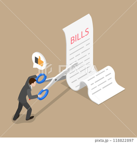 3D Isometric Flat Vector Illustration of Cut Bills To Reduce Cost, Saving Money and Controling Cash Flow 118822897