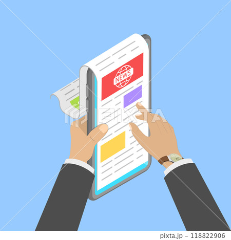 3D Isometric Flat Vector Illustration of Online News, Reading the Newspaper on a Tablet PC or Smartphone 118822906