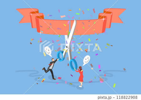 3D Isometric Flat Vector Illustration of Start New Business, Businesspeople Cuting Ribbon to Celebrate Launching of a New Company 3D Isometric Flat Vector Illustration of Start New Business, Businesspeople Cuting Ribbon to Celebrate Launching of a New Company 118822908