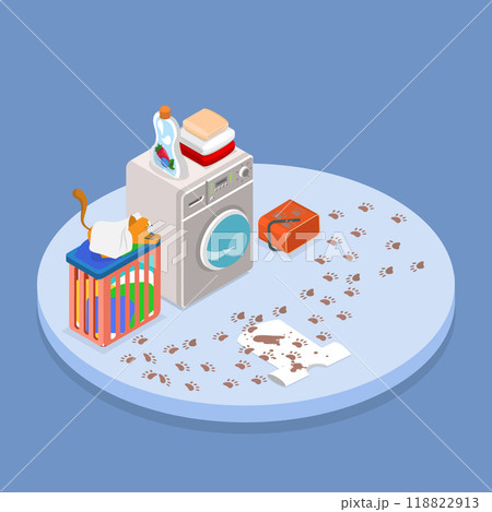 3D Isometric Flat Vector Illustration of Laundry Room, Messy Bathroom with Clothes and a Cat 118822913