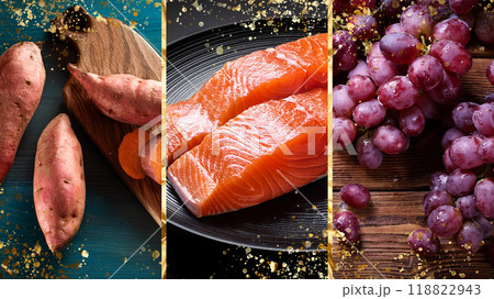 さつま芋・鮭・葡萄、秋の旬の食材を並べた画像素材 さつま芋・鮭・葡萄、秋の旬の食材を並べた画像素材 118822943