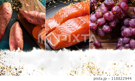 さつま芋・鮭・葡萄、秋の旬の食材を並べた画像素材 さつま芋・鮭・葡萄、秋の旬の食材を並べた画像素材 118822944
