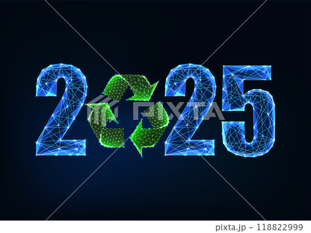 2025 New Year concept with glowing recycle symbol on dark blue background. Eco-friendly design 118822999