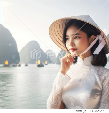 ハロン湾をバックに佇む、アオザイ姿のベトナム女性 118823448