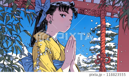 和服を着て初詣をしている若い女性