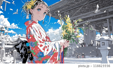和服を着て初詣をしている若い女性