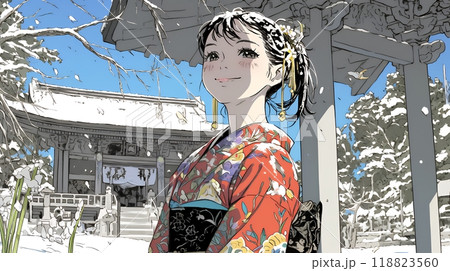 和服を着て初詣をしている若い女性
