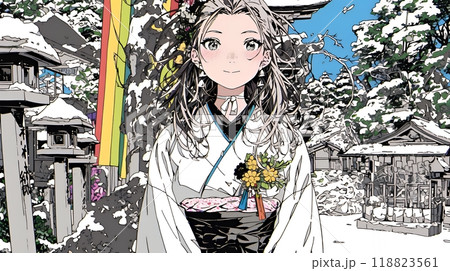 和服を着て初詣をしている若い女性