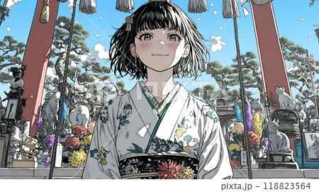 和服を着て初詣をしている若い女性